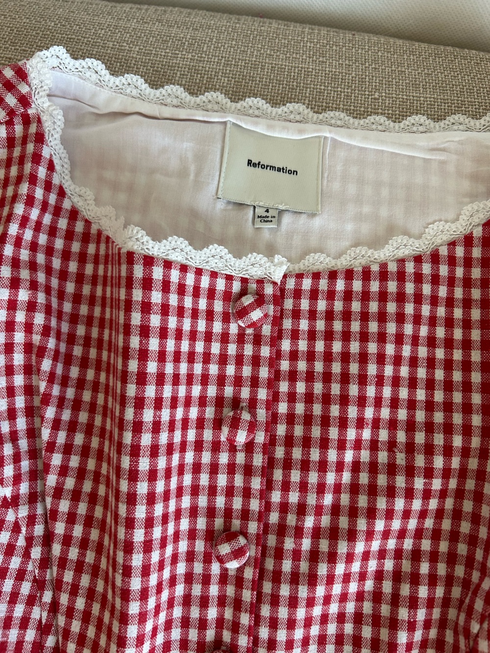 Reformation Amela Linen Top Vest Blouse Tomato Check French - Picture 3 of 7
